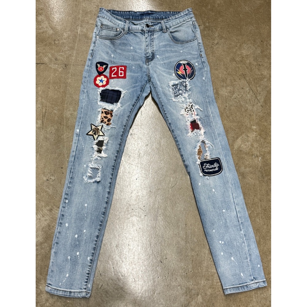 Size 32 - Amiri Mens Distressed Patchwork Paint Splatter Light Wash Denim Jeans